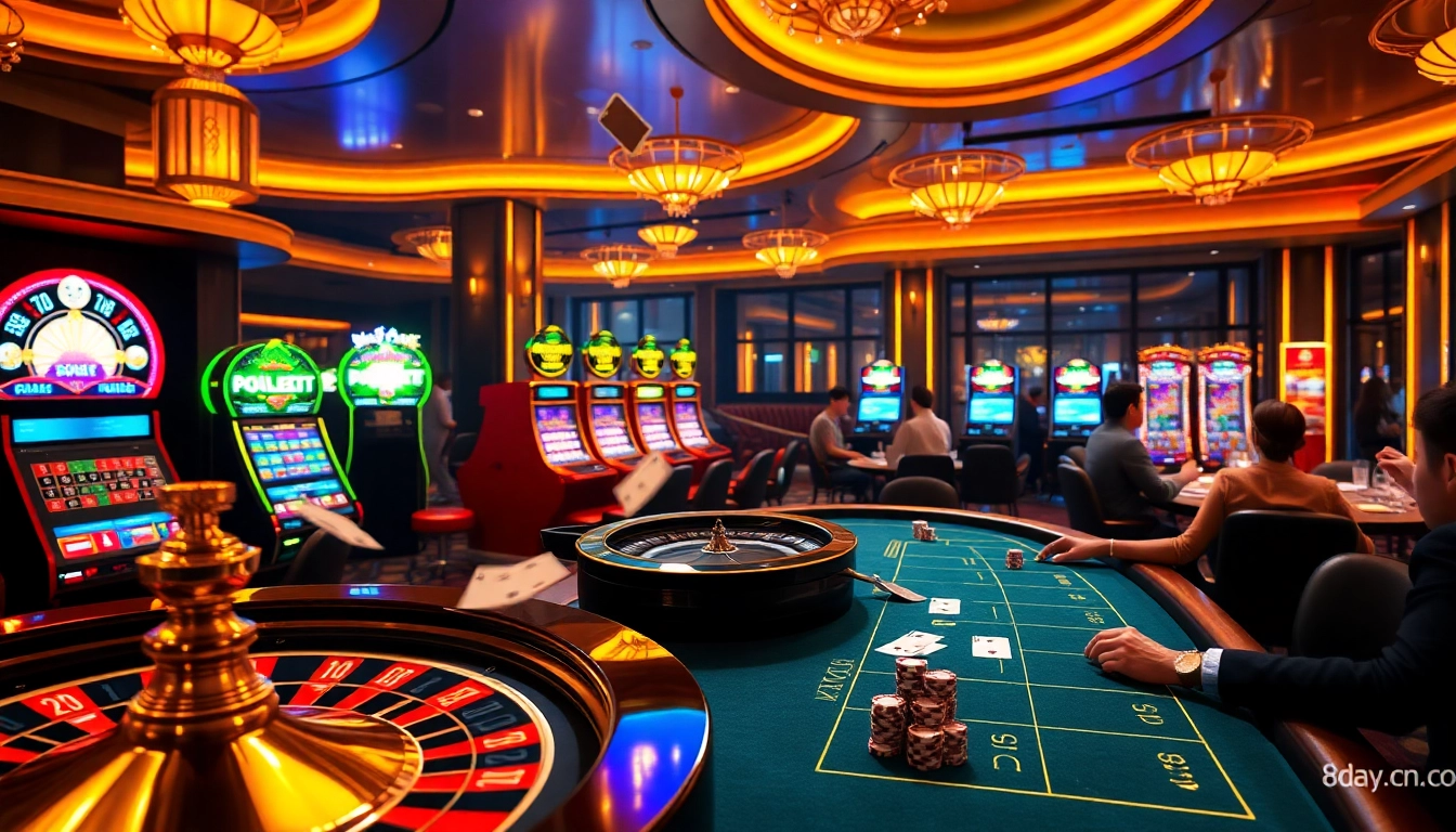 Engaging casino scene showcasing 8day.cn.com with vibrant gameplay, roulette wheel, and stylish poker table.