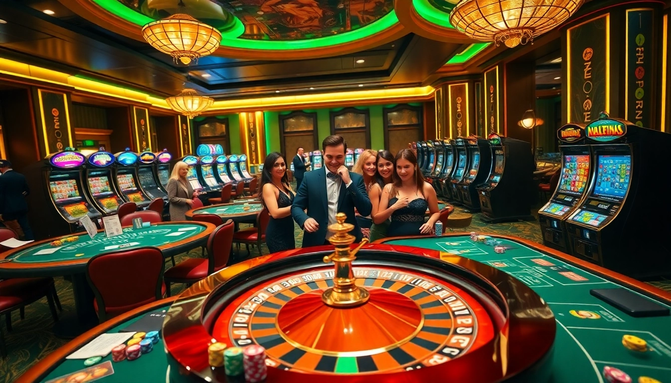 Lively casino action at loto188.gb.net featuring poker chips, slot machines, and a roulette wheel.