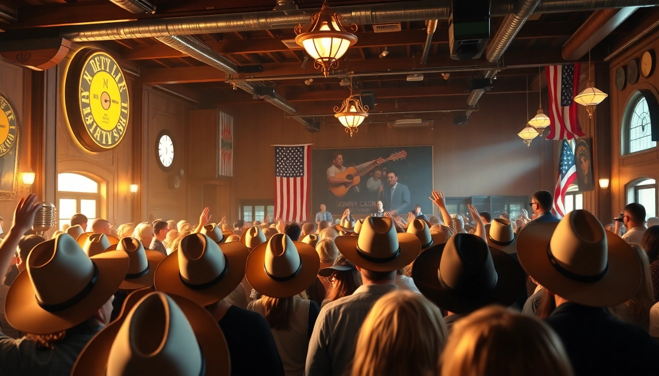 Joyful fans celebrating at johnnycashbirthday.com with live music and vibrant decorations.