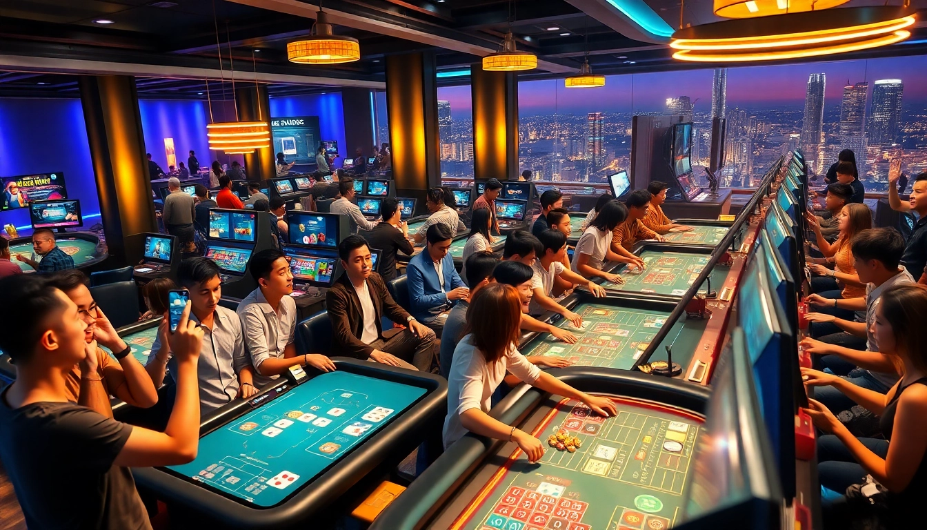 Engaging scene of online gambling at hello88win.live with diverse players, vibrant casino games, and quick betting interfaces.