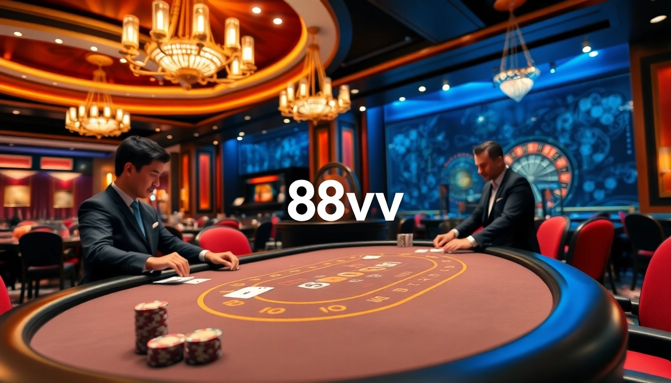 Players enjoying strategic poker at a luxurious casino scene, highlighting 88vv branding.
