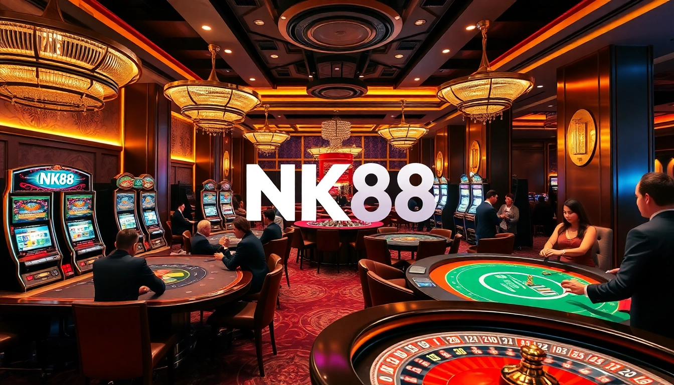 Players enjoying a thrilling game at NK88 casino, surrounded by vibrant slot machines and tables.