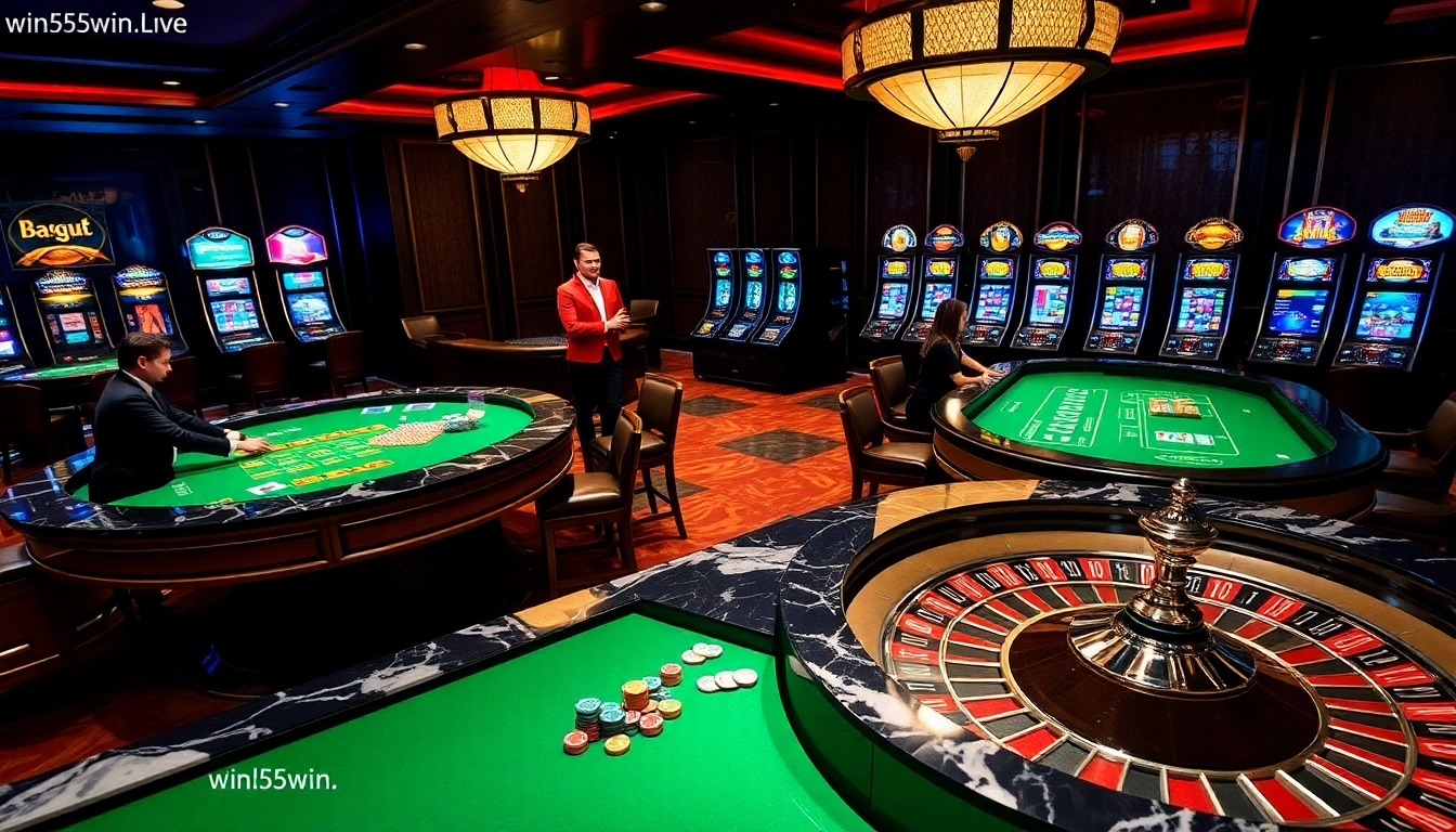 Experience thrilling gameplay at win55win.live with luxurious casino tables, dynamic lighting, and engaging players.