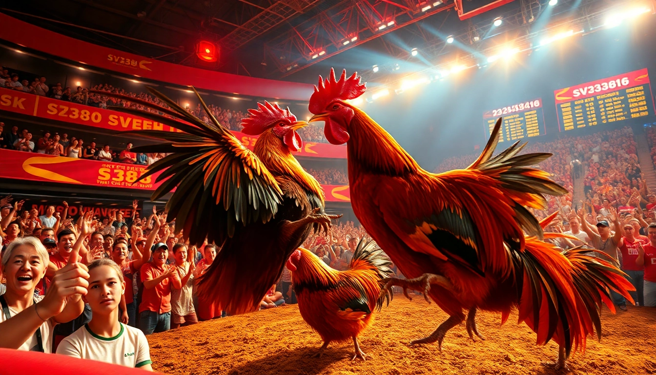 Exciting live cockfighting scene at SV368, showcasing sv368win.live's thrilling betting atmosphere.