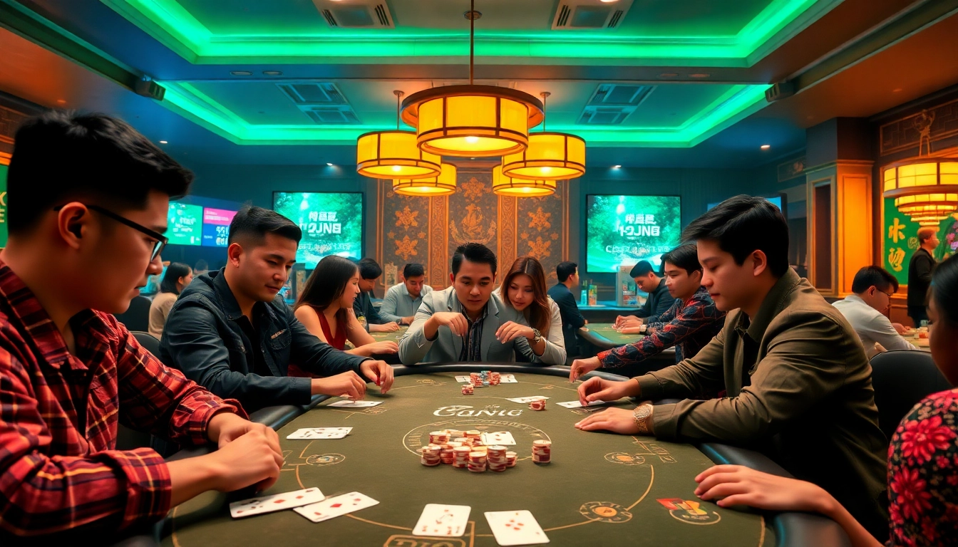 Thrilling scene of players enjoying card games at gamebaidoithuong.com.vc with vibrant colors.