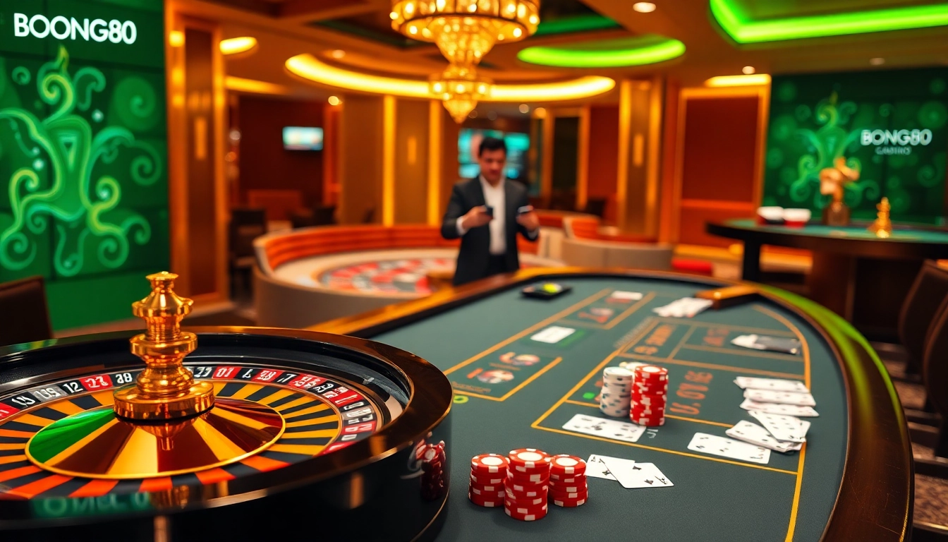 BONG88 online gambling scene featuring a roulette wheel and poker chips in a luxurious casino setting.
