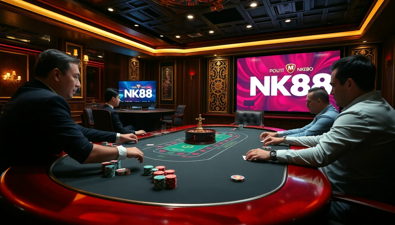 Players at a high-stakes poker table engage with NK88 branding subtly in a luxurious casino setting.