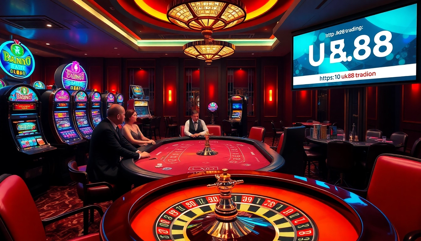 Players enjoying a high-stakes game on a luxurious casino table at https://uk88.trading/ with vibrant slot machines.