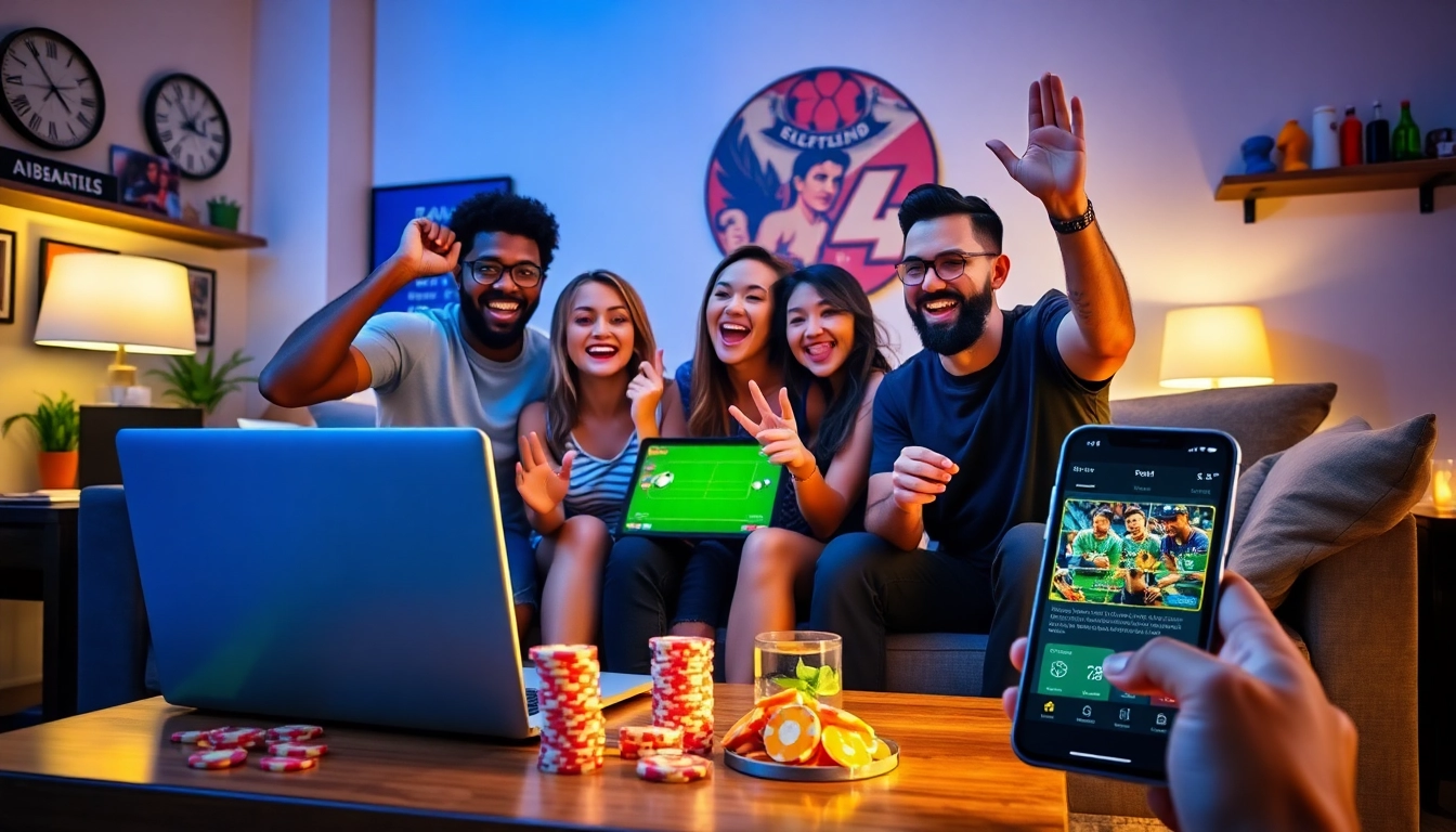 Exciting online gambling atmosphere at 98winwin.live with friends engaged in sports betting.